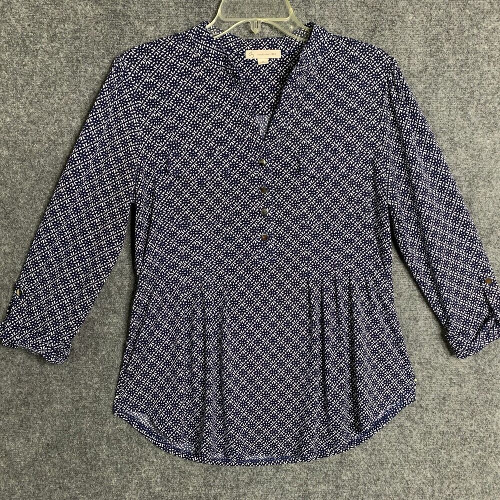 db established 1962 Women M 1/2 Button Blouse Pullover Tab Roll Sleeve Peplum